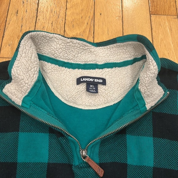 LANDS’ END Men’s green and black buffalo plaid 1/4 zip knitted sweater. Size XL - Picture 5 of 11
